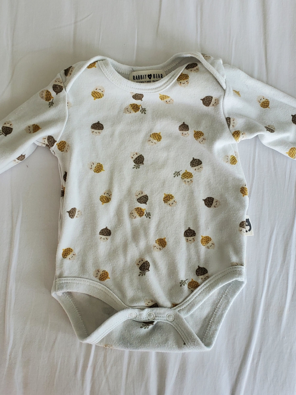 Rabbit + Bear White Acorn Print Long-Sleeve One-Piece Baby Onesie
